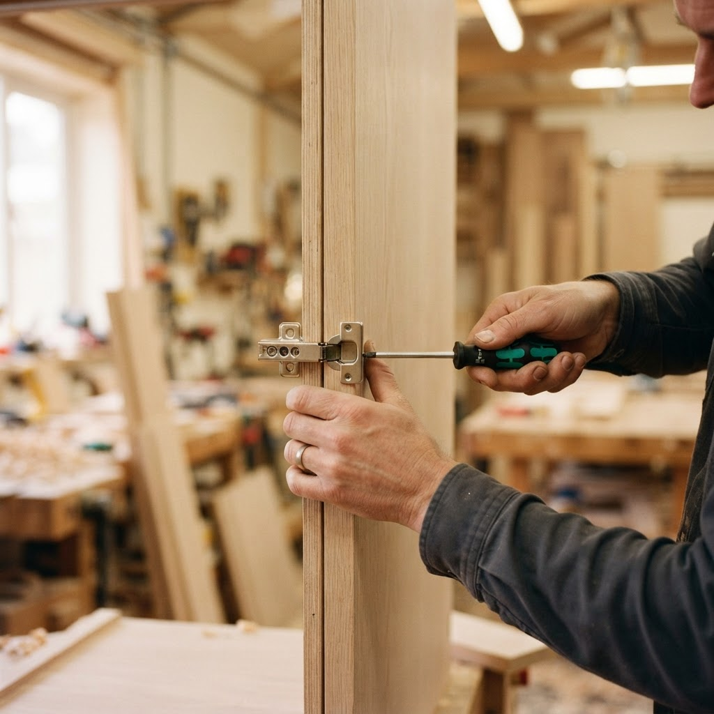 Craftsman fitting a precision soft-close hinge on a custom light oak wardrobe