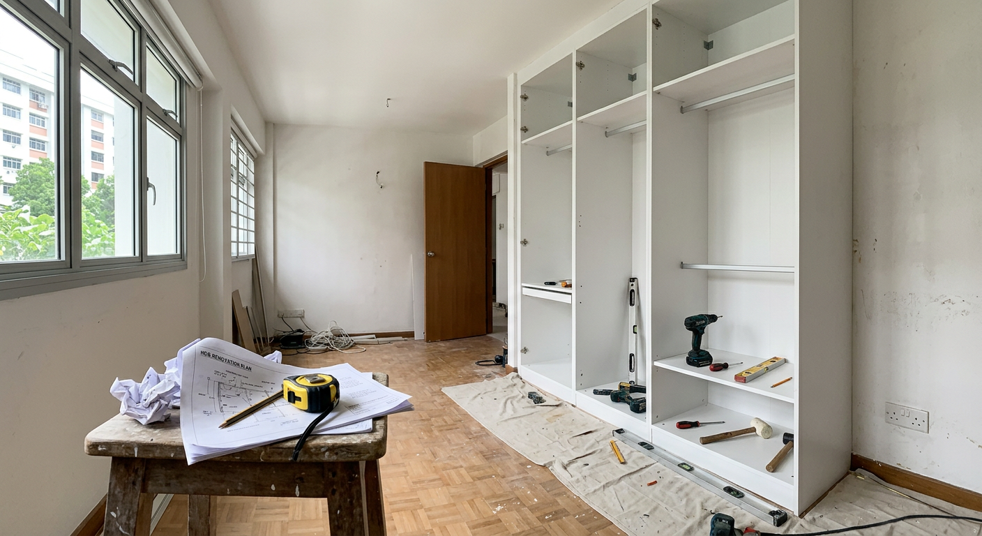 White built-in wardrobe carcass being fitted in an HDB bedroom with renovation papers and a tape measure