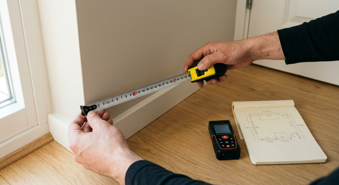Tape measure held against an empty bedroom wall beside a laser measurer and a sketch of wall dimensions