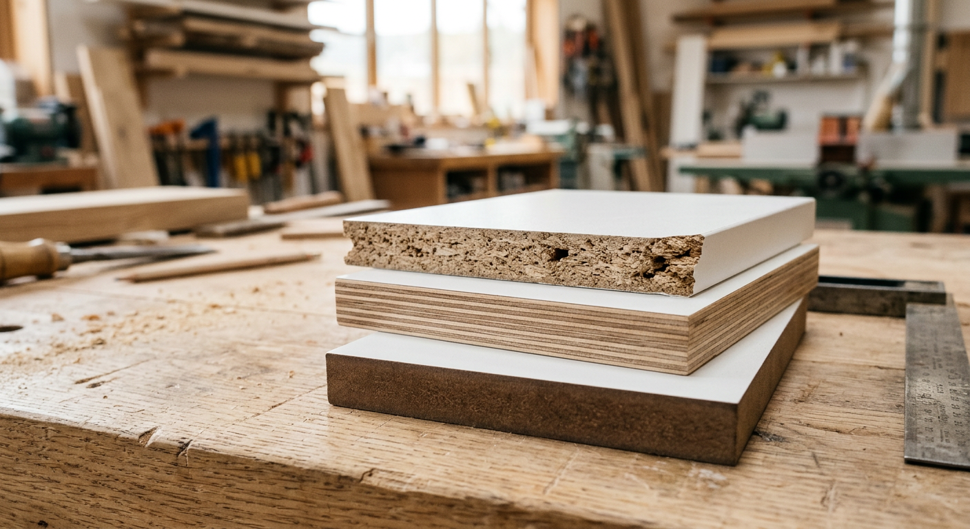 Plywood, MDF and particle board wardrobe samples with laminate faces on a workbench