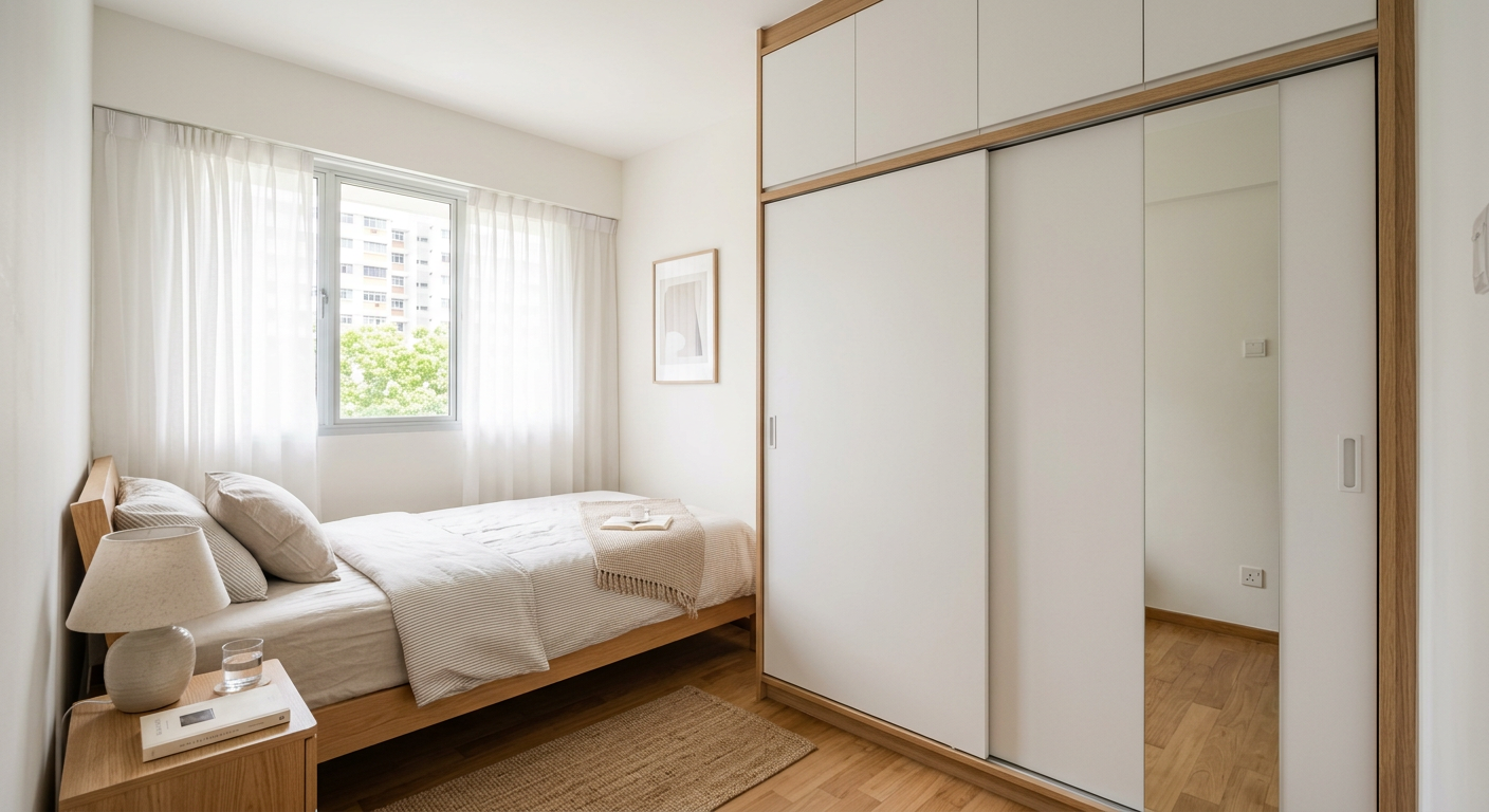Small HDB bedroom with a floor-to-ceiling matte white sliding-door wardrobe beside a single bed