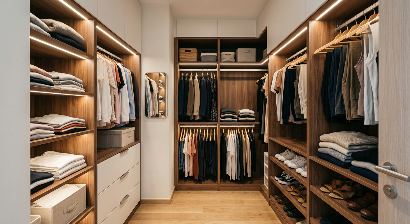 Compact U-shaped walk-in wardrobe with walnut and white open shelving and warm LED lighting