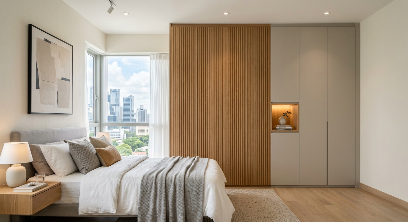Two-tone floor-to-ceiling wardrobe with oak fluted and greige handleless doors in a Singapore condo bedroom
