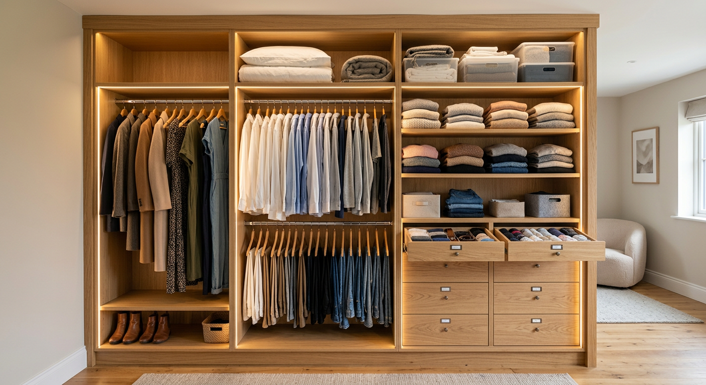 Open built-in wardrobe showing long-hang, double-hang rails, drawers, shelves and a top compartment