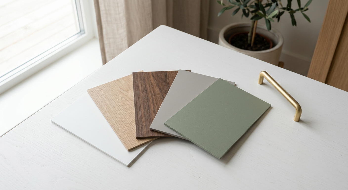 Wardrobe laminate swatches in white, oak, walnut, grey and green with a brass handle