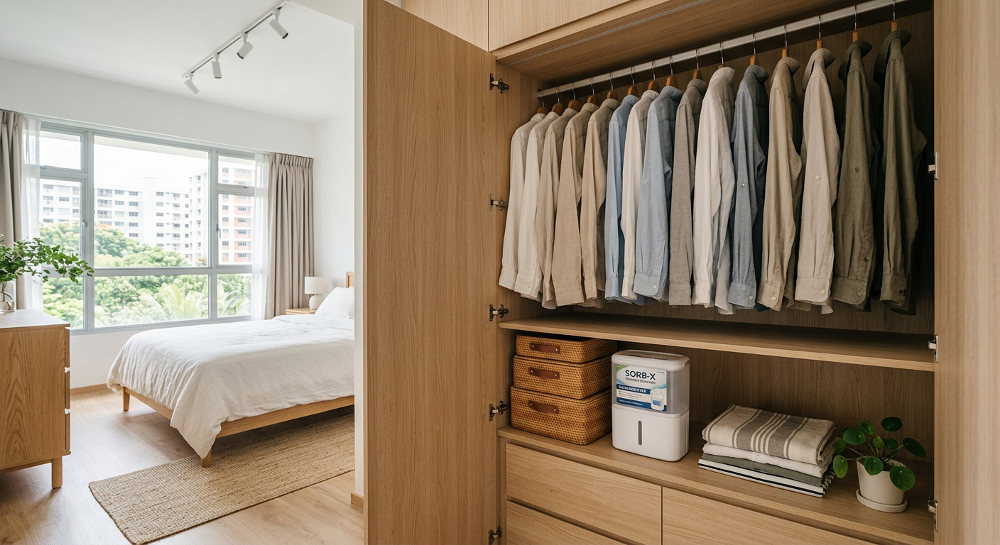 Open light oak built-in wardrobe with neatly spaced shirts and a small moisture absorber on the shelf