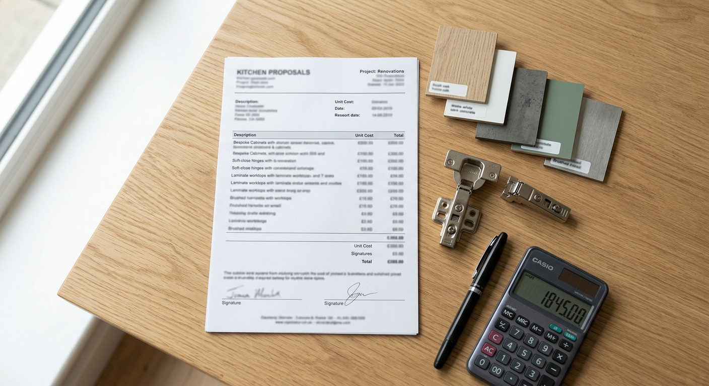 Itemised wardrobe quotation with laminate swatches, a soft-close hinge and a calculator on an oak table