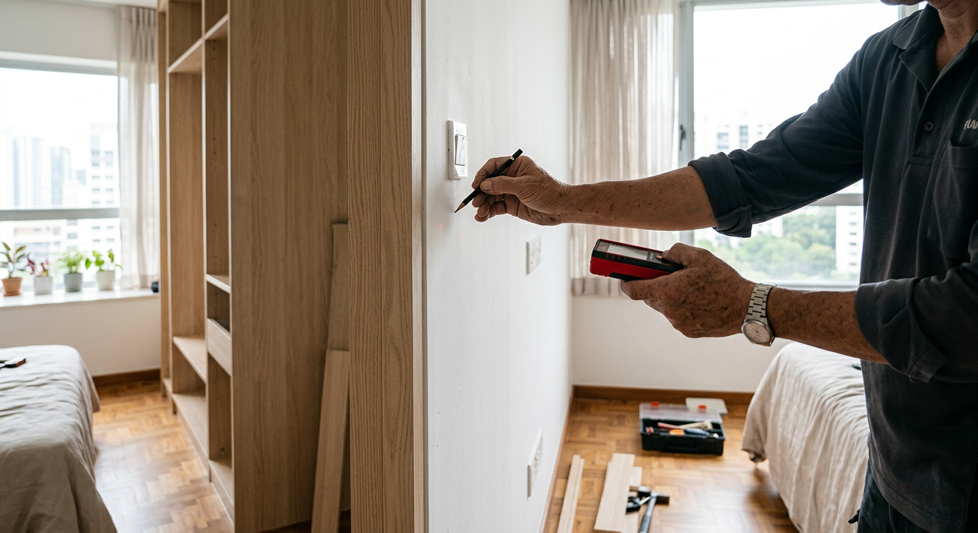 Installer measuring a bedroom wall with a laser measurer beside a partly installed oak wardrobe